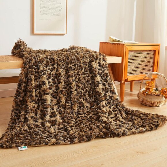 Faux Fur Leopard Print Throw Blanket 50x60